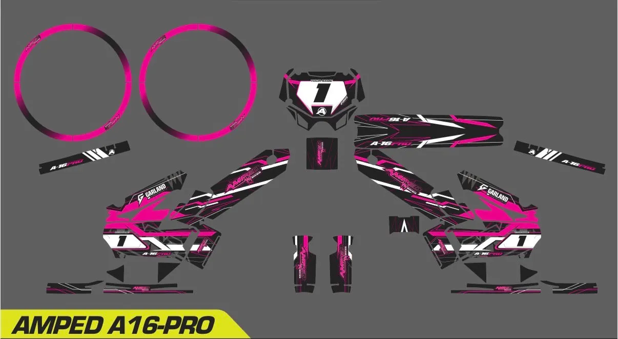Amped A16 Pro Custom Graphics Kit – Personalised Name & Race Number (Pink)