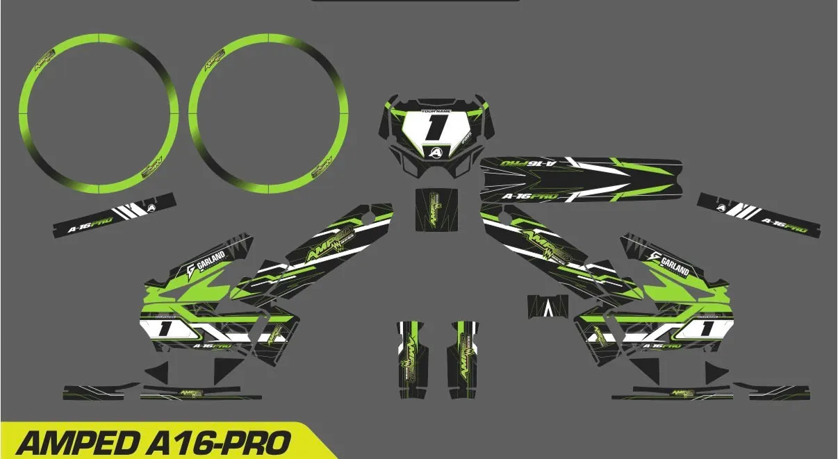 Amped A16 Pro Custom Graphics Kit – Personalised Name & Race Number (Green)
