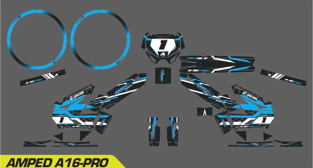 Amped A16 Pro Custom Graphics Kit – Personalised Name & Race Number (Blue)