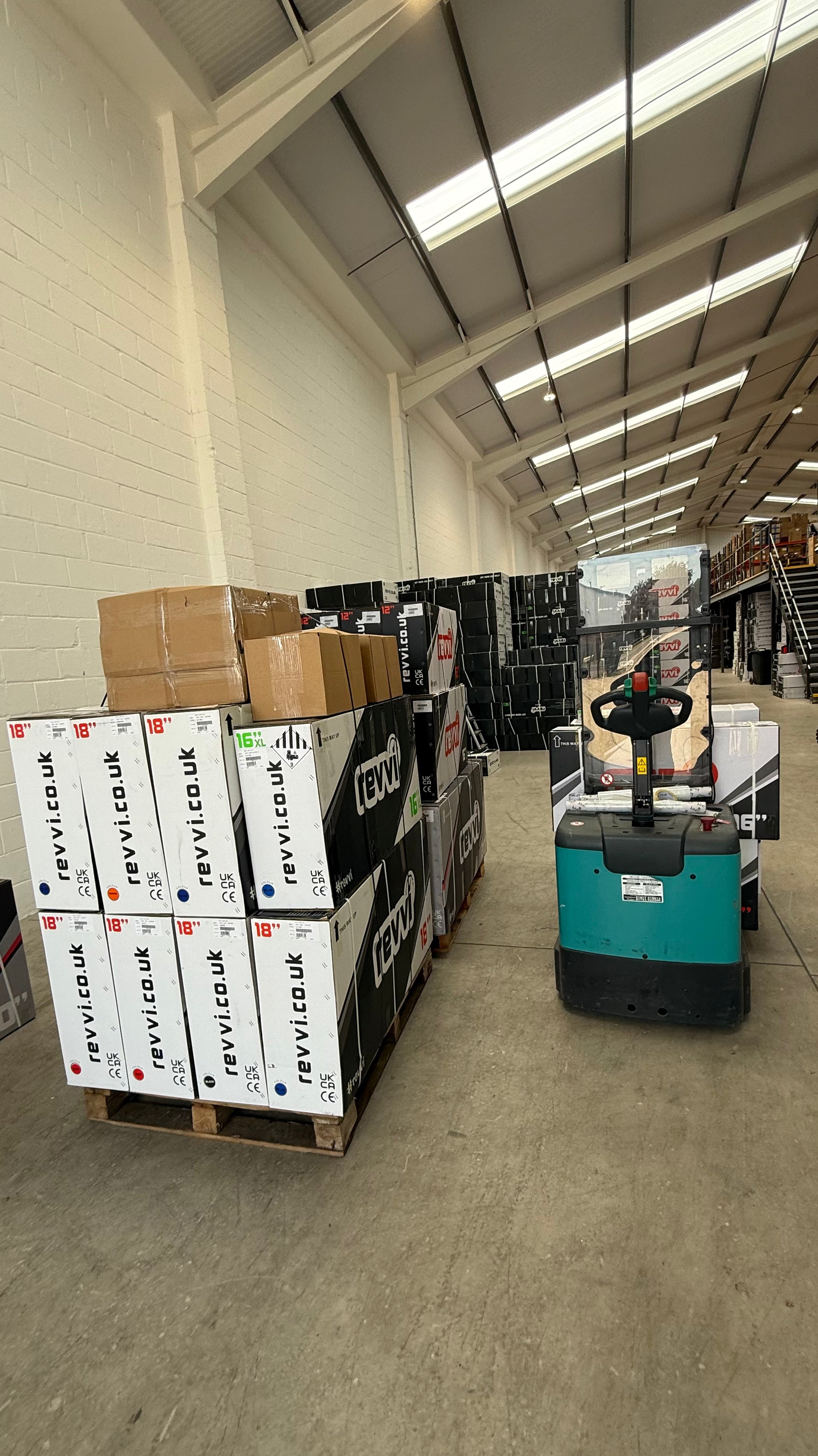 Boxed electric bikes ready for UK dispatch