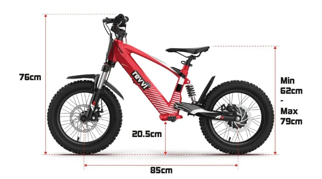 Dimensions of the Revvi 16” XL Electric Balance Bike