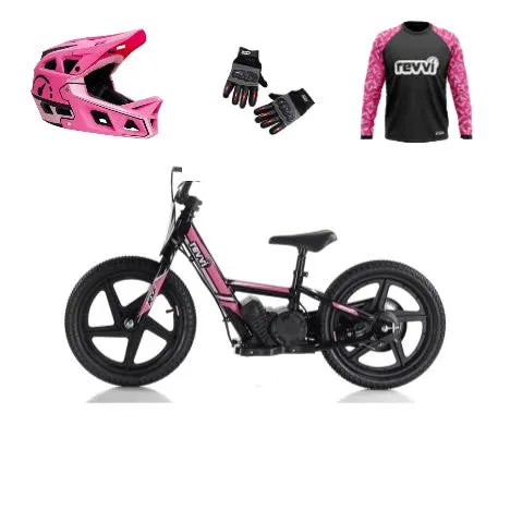 Revvi 16" Electric Bike + Riding Gear Bundle - Pink